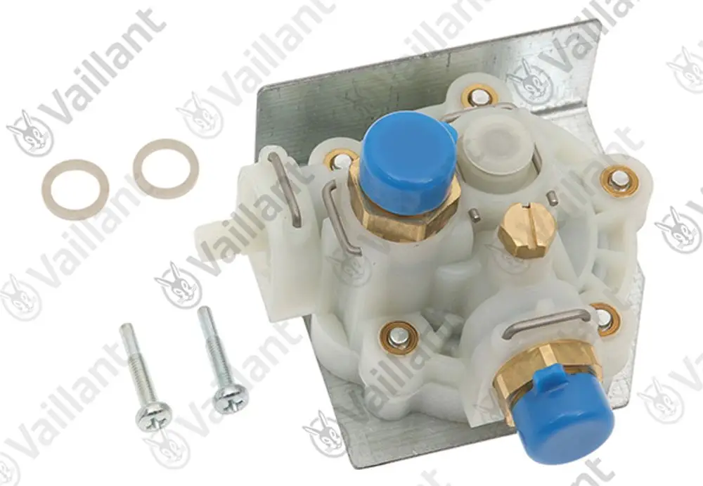 Vaillant Wasserschalter mit blauem Knopf und Messinganschlüssen, montiert auf einer Metallplatte, mit zwei Schrauben und Dichtungen.